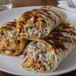 Easy BBQ Chicken Coleslaw Wrap sliced with BBQ sauce