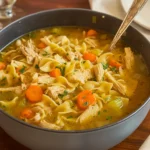Easy Chicken Noodle Soup with Egg Noodles served hot