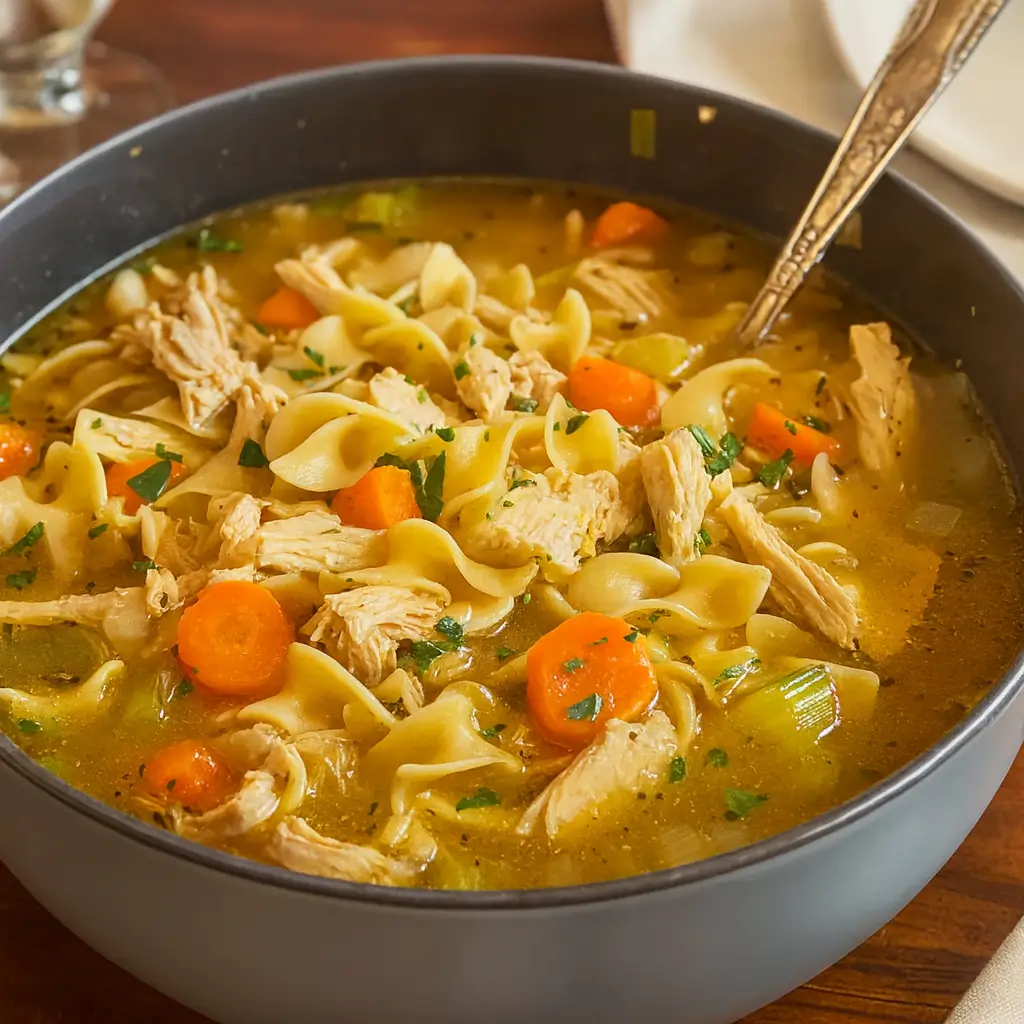 Easy Chicken Noodle Soup with Egg Noodles served hot