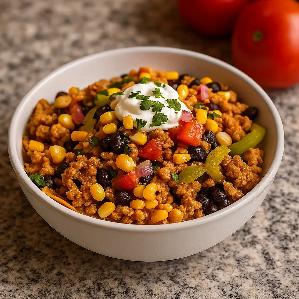Easy Ground Turkey Taco Skillet in a Cast Iron Pan