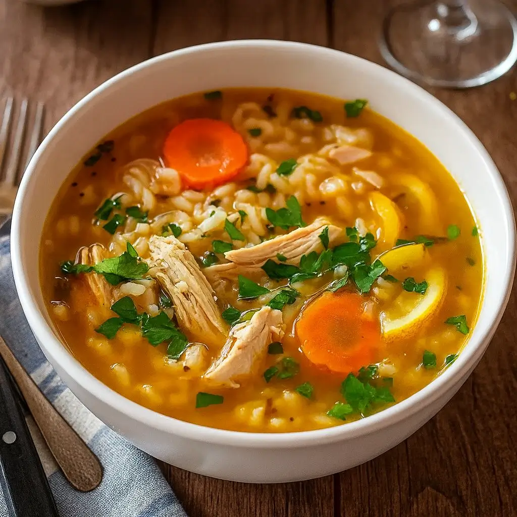Easy Lemon Ginger Turmeric Chicken and Rice Soup in a bowl