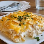 Easy Million Dollar Chicken Casserole baked in white dish