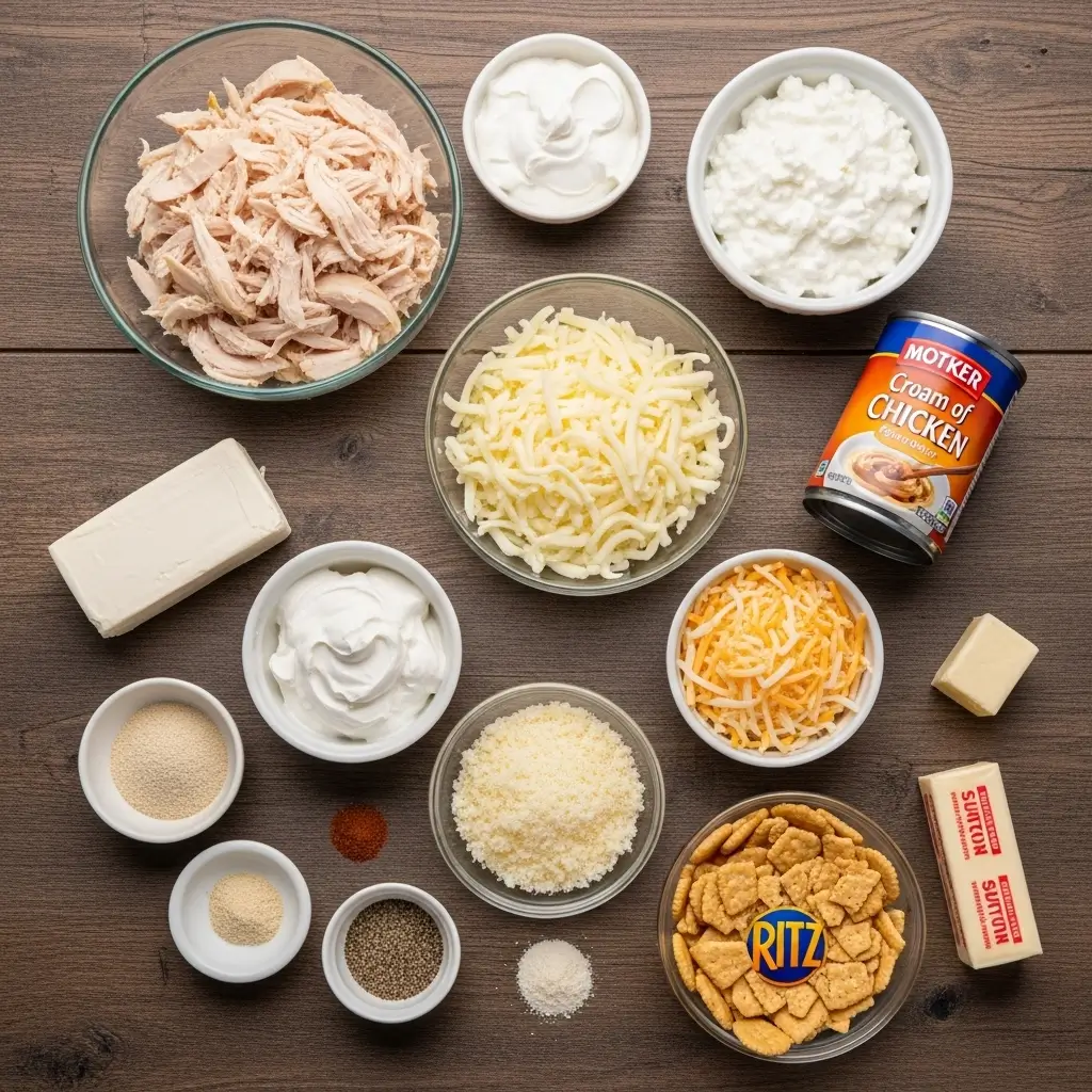 Easy Million Dollar Chicken Casserole ingredients layout
