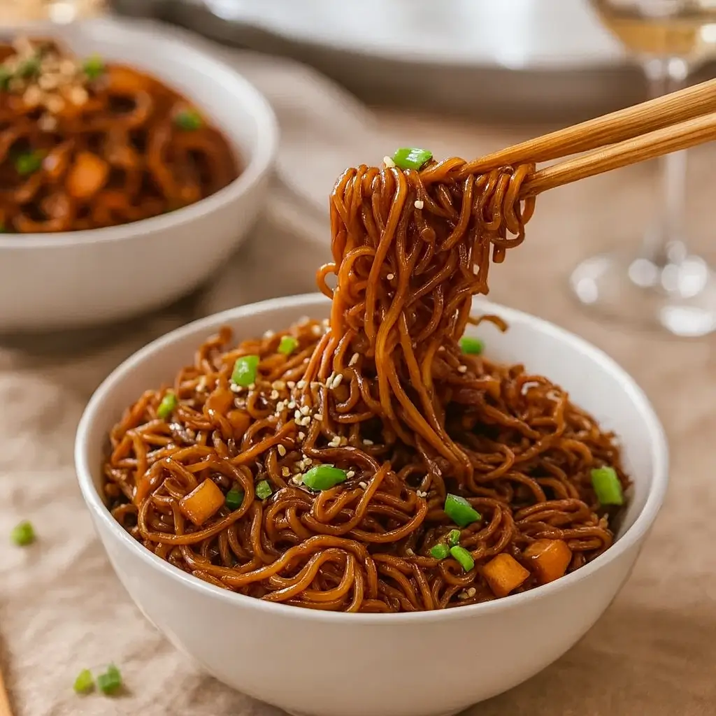 Easy Saucy Ramen Noodles in bowl with garnishes