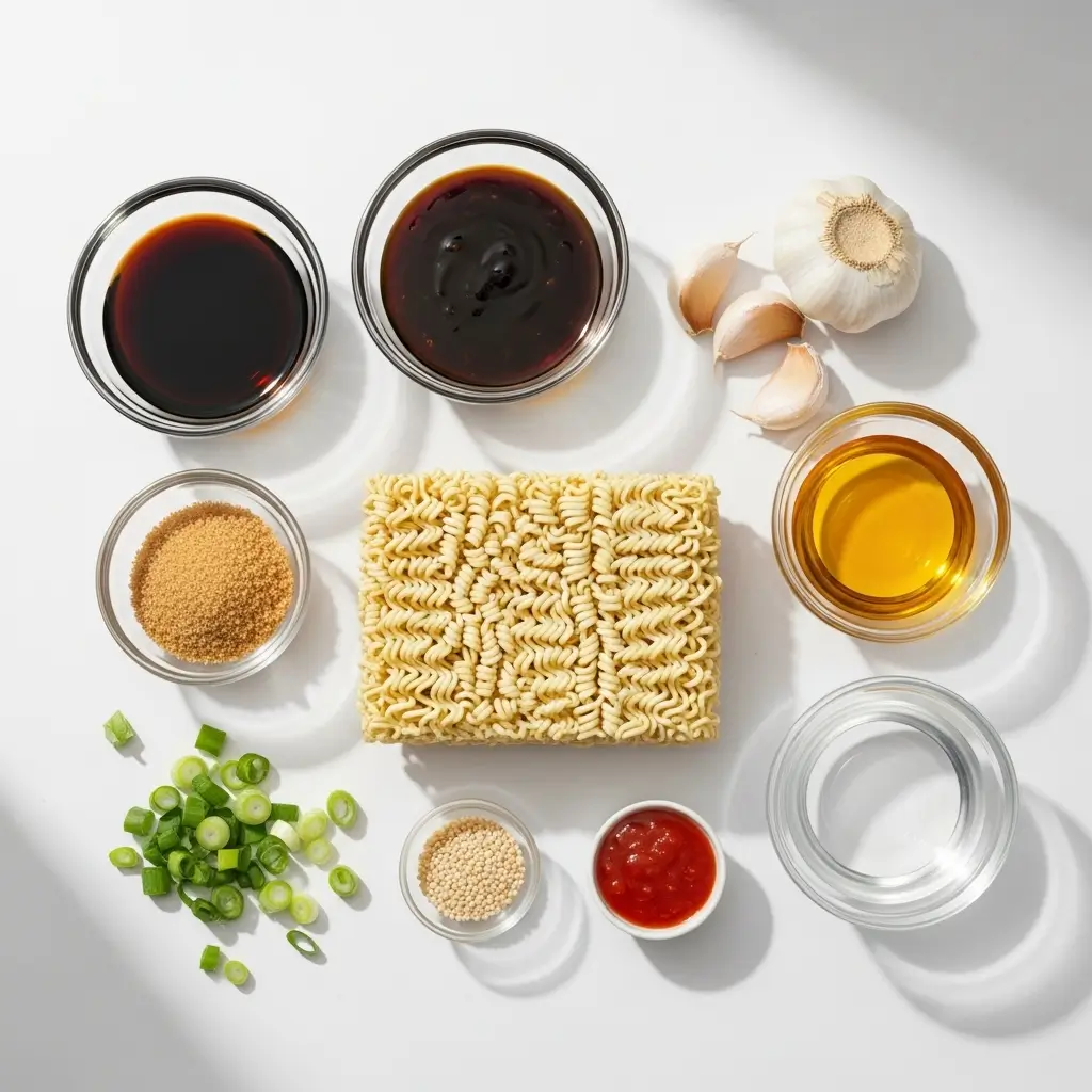 Ingredients for Easy Saucy Ramen Noodles on white surface