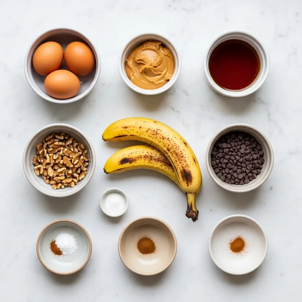 Ingredients for flourless banana muffins laid out in bowls