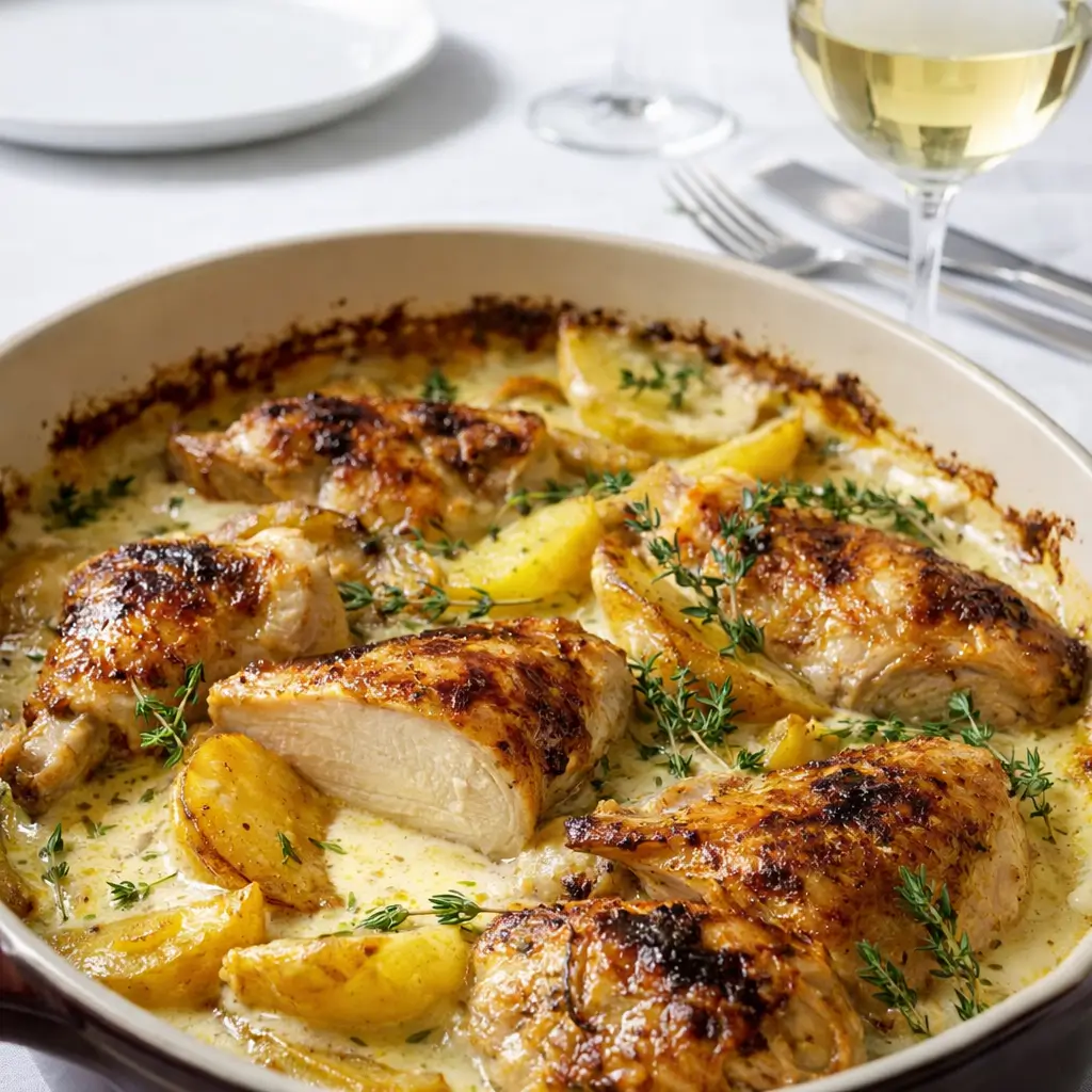 French Chicken a la Normande in rustic French kitchen