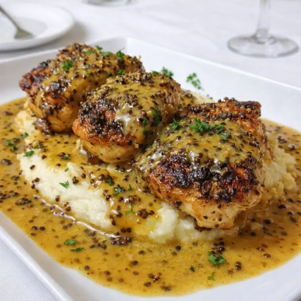 Creamy French mustard chicken in a skillet