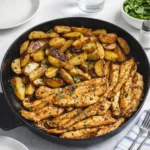 Garlic Butter Chicken and Potatoes Skillet in a rustic cast iron pan