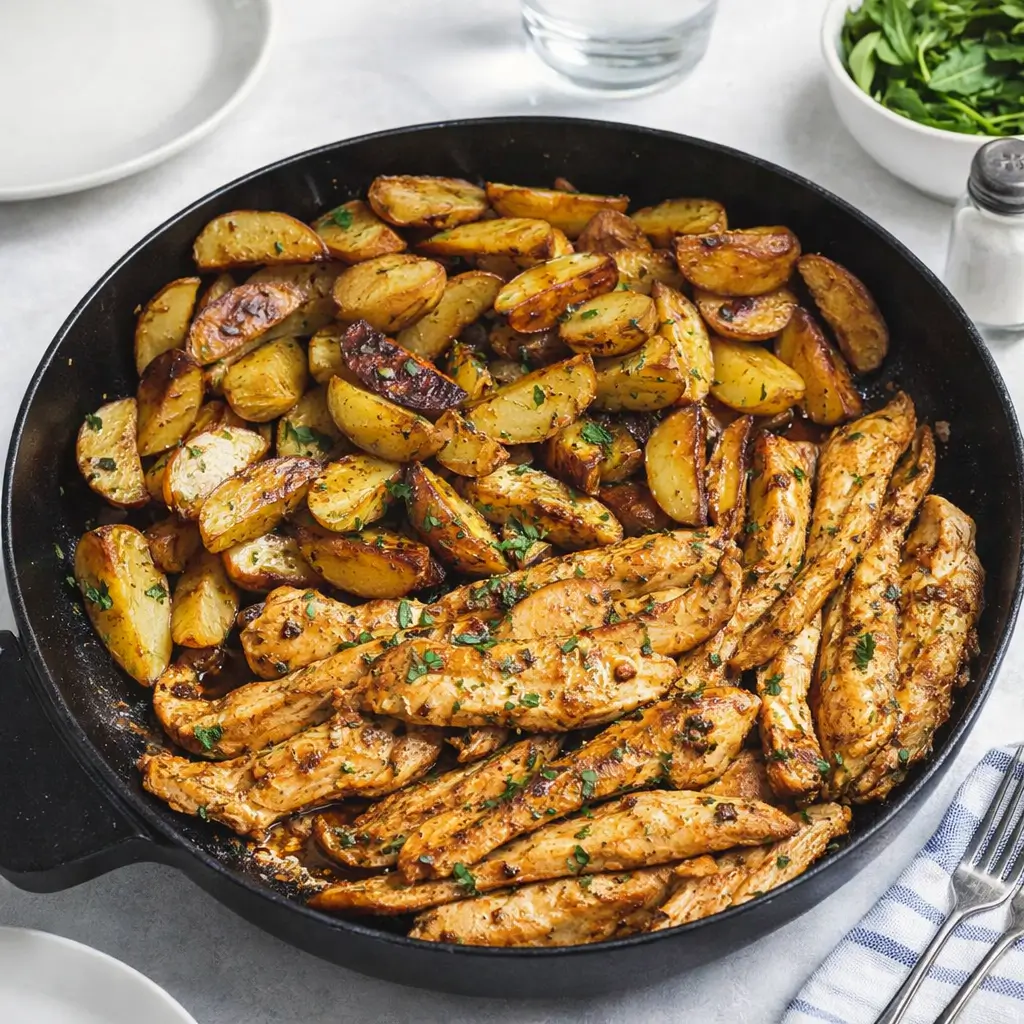 Garlic Butter Chicken and Potatoes Skillet in a rustic cast iron pan