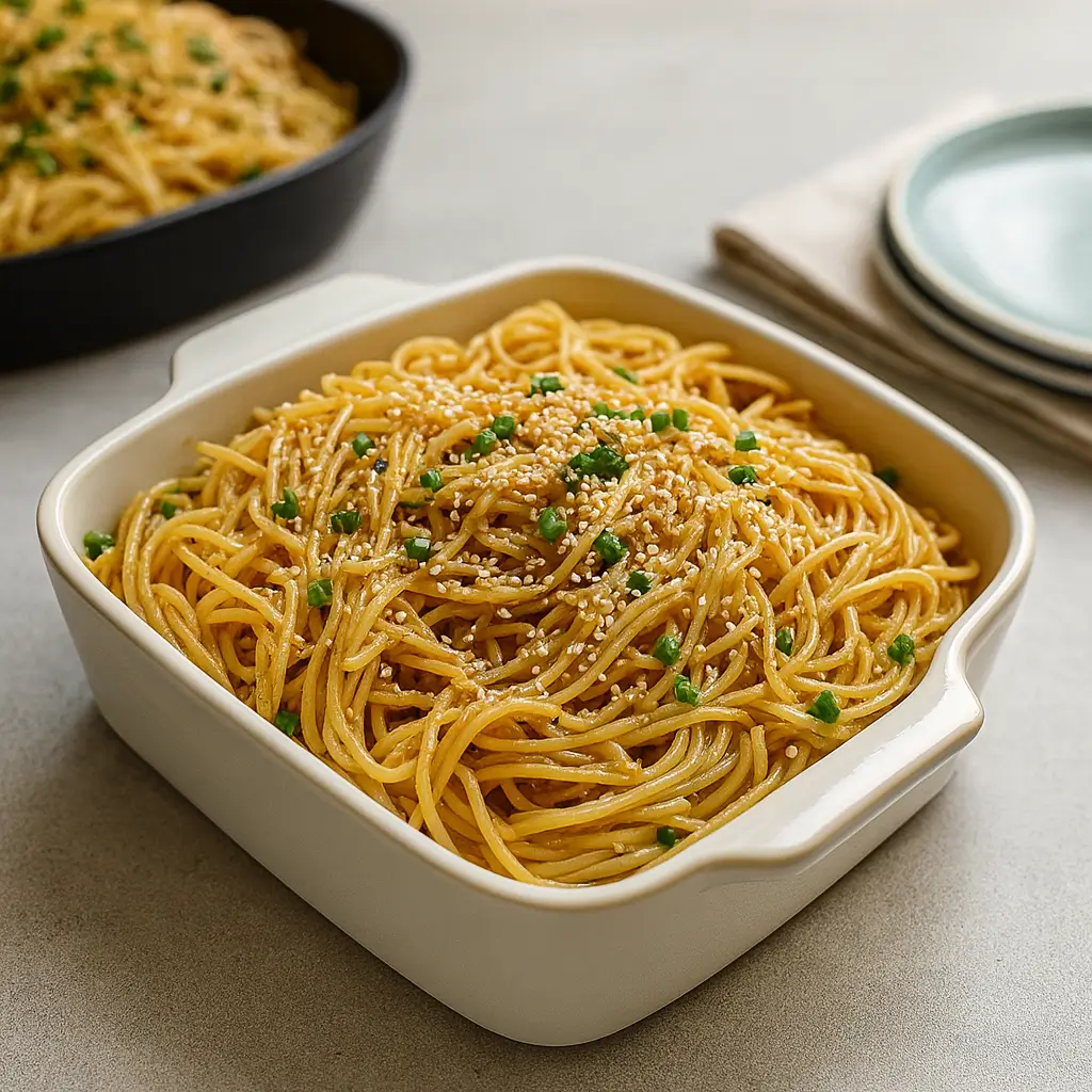 Garlic Sesame Noodles in bowl with toppings