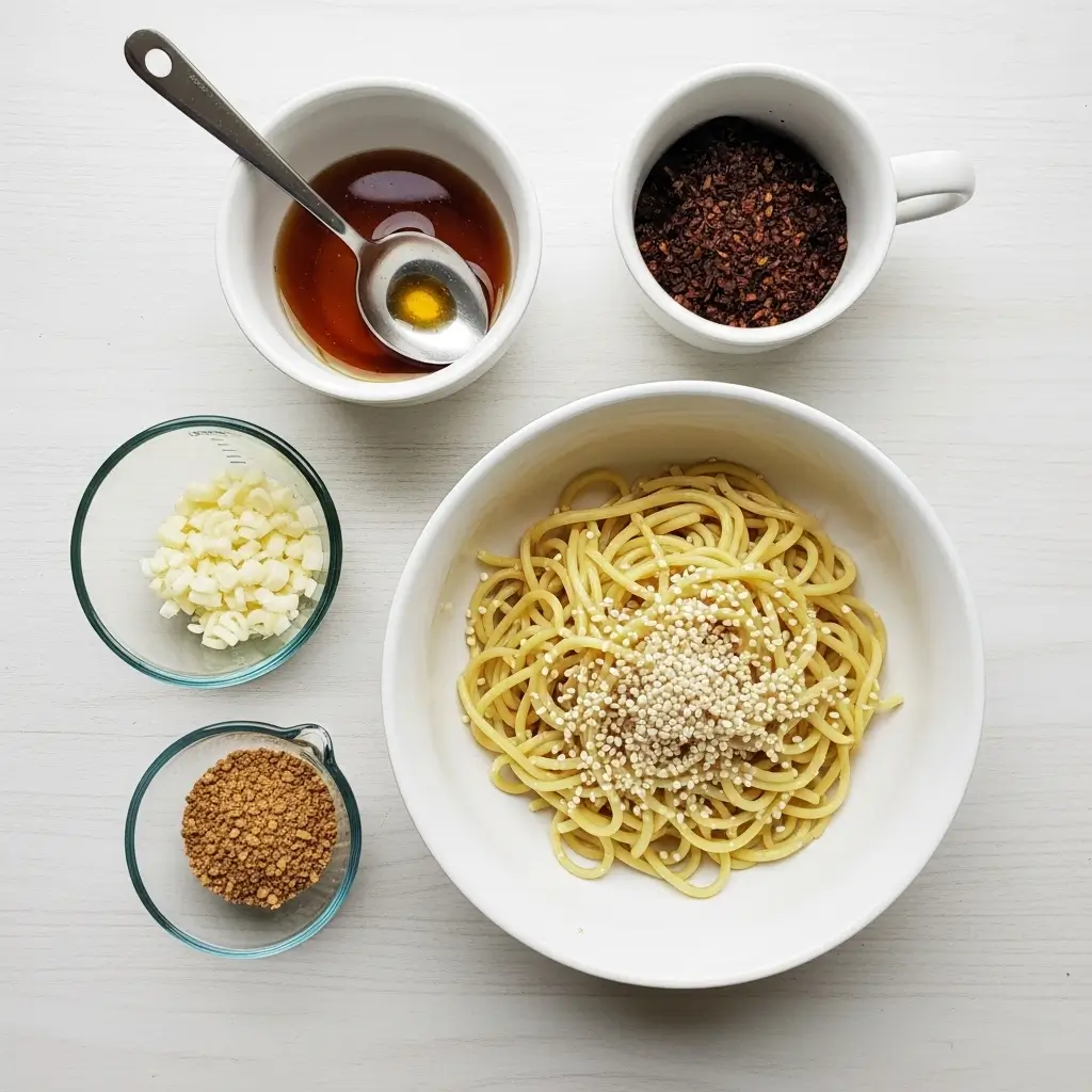 Ingredients for garlic sesame noodles laid out on a counter