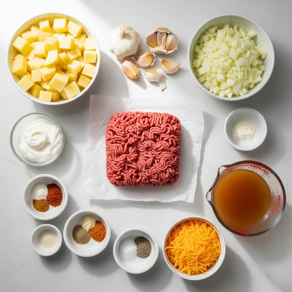 Ingredients for Cozy Ground Beef and Potatoes Casserole