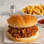 Ground Turkey Sloppy Joes served on toasted buns with side of fries