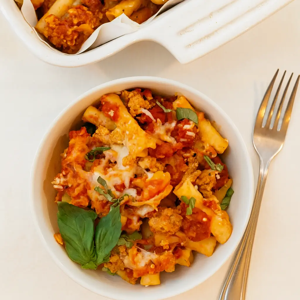 healthy baked ziti in casserole dish