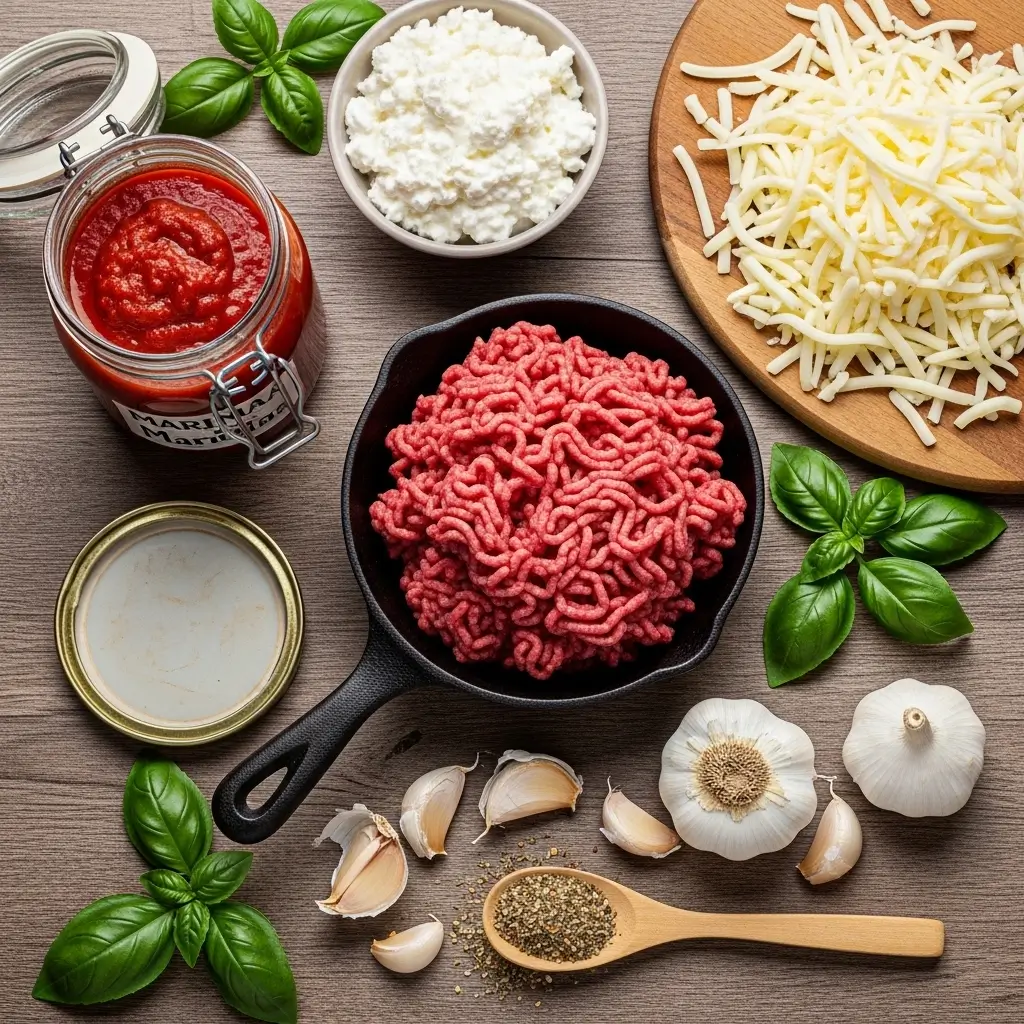 healthy baked ziti ingredients layout