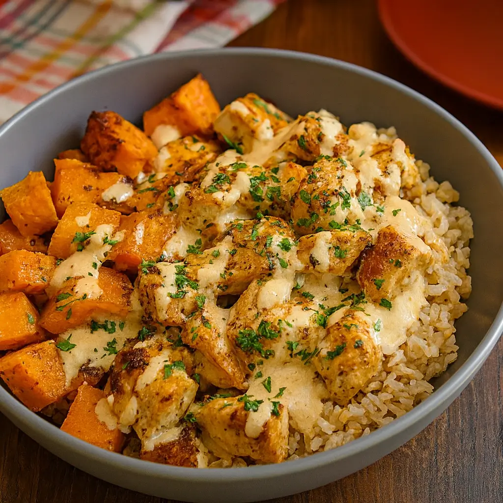 healthy chicken and sweet potato rice bowl