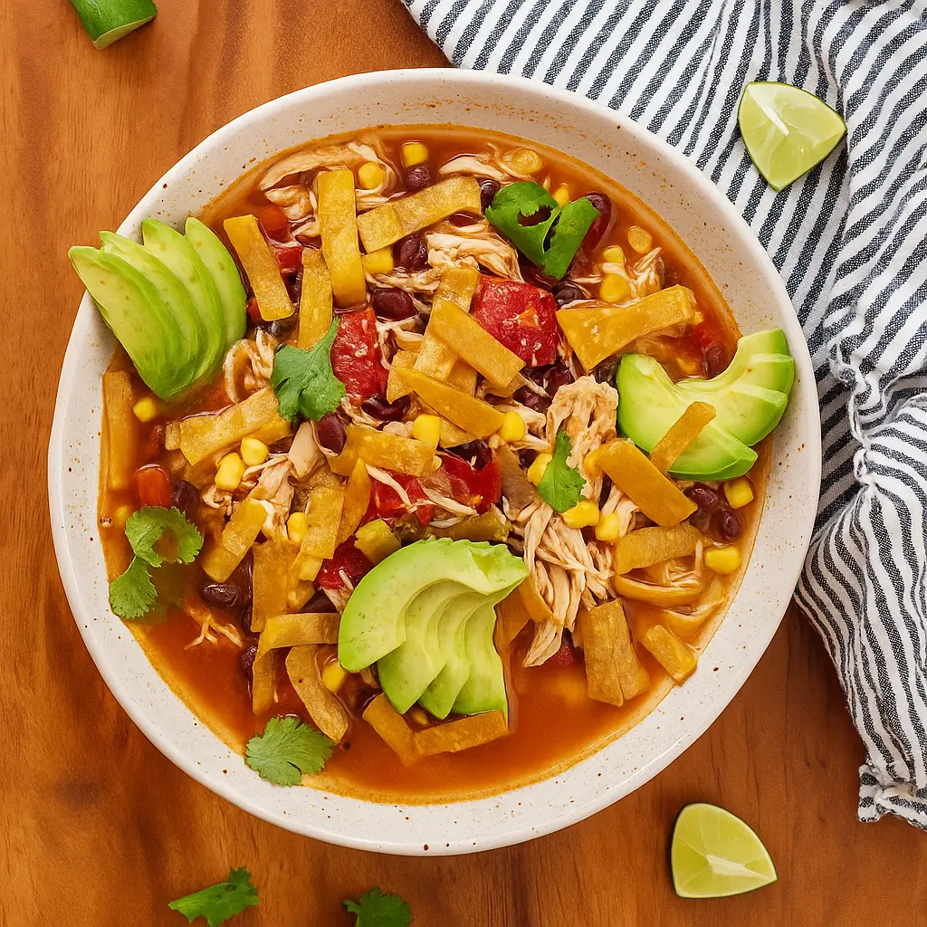 Healthy Crockpot Chicken Tortilla Soup with Toppings