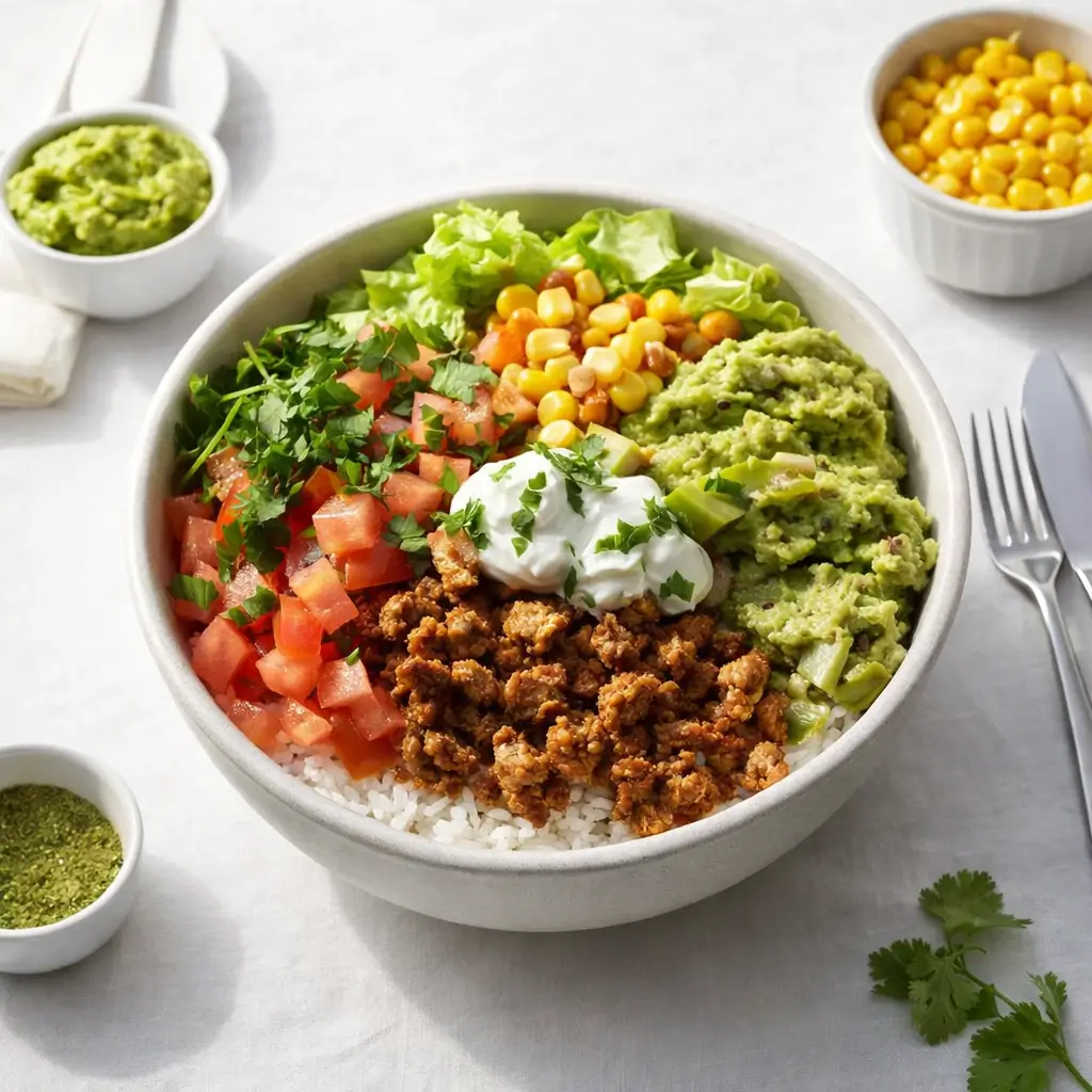 Healthy Turkey Taco Bowl with toppings