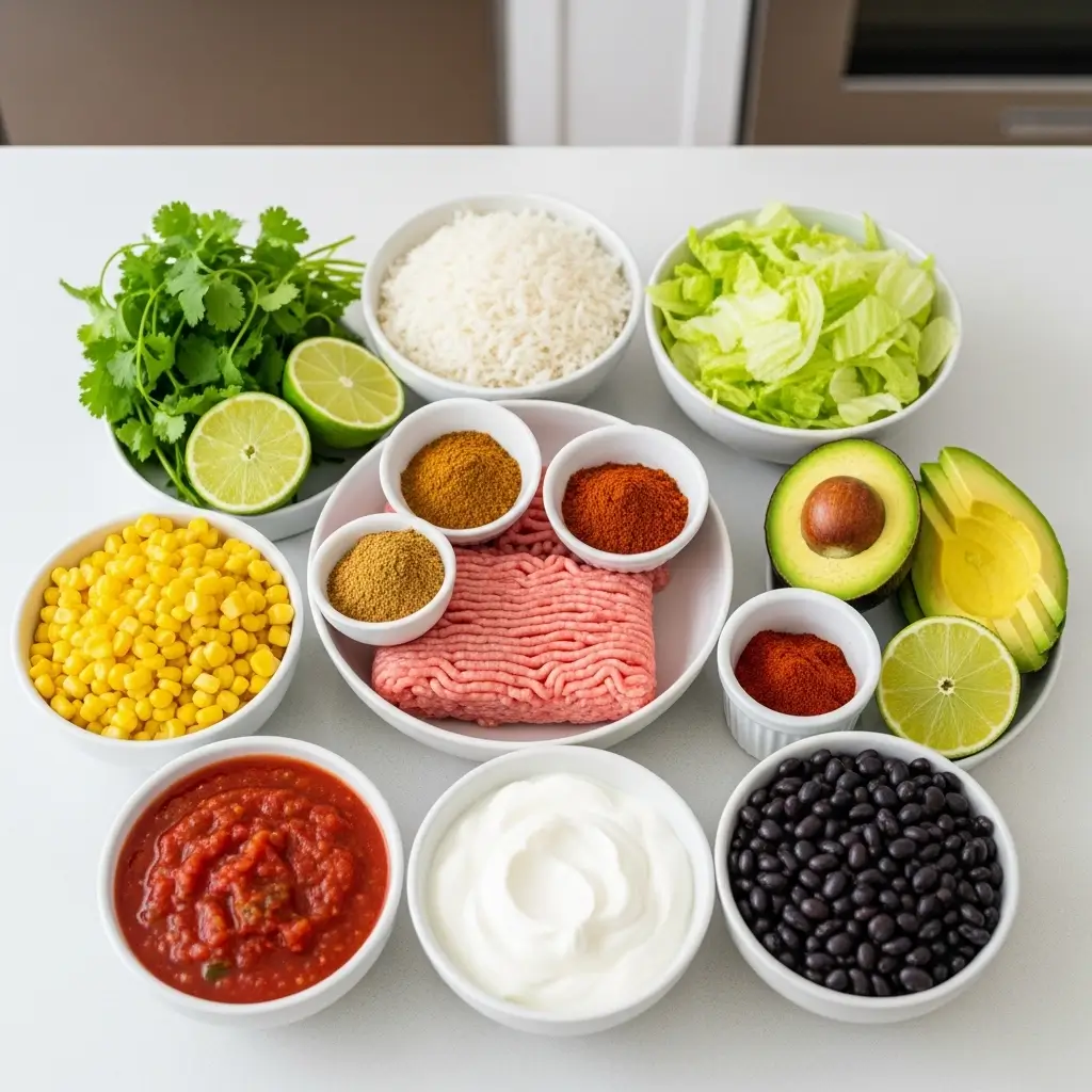Healthy Turkey Taco Bowl ingredients flat lay
