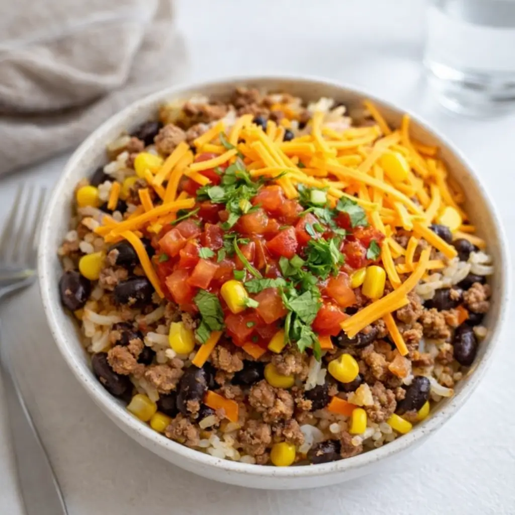 Hearty Ground Beef Burrito Bowl with Tex-Mex toppings