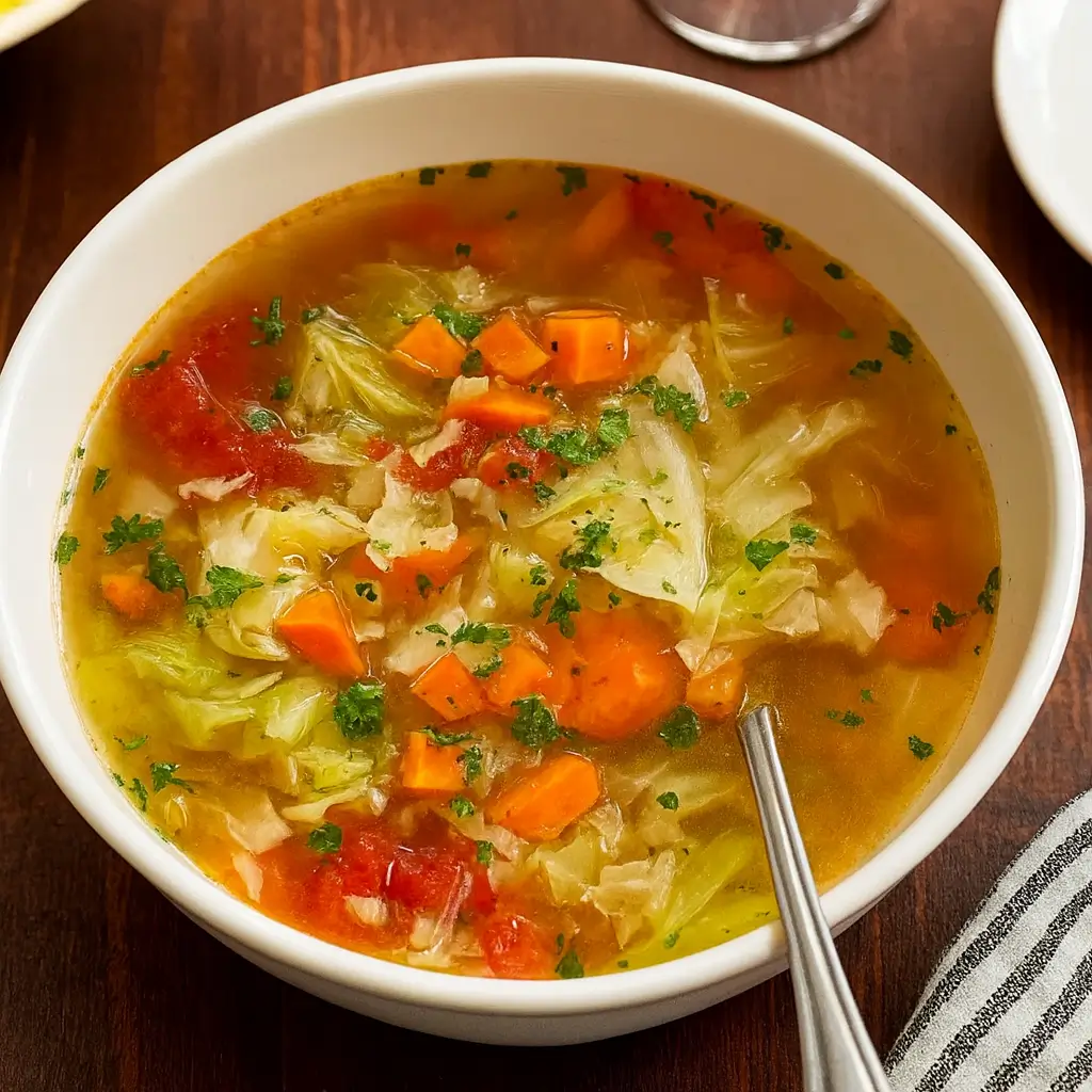 Hearty Vegetable Cabbage Soup in a bowl with fresh herbs