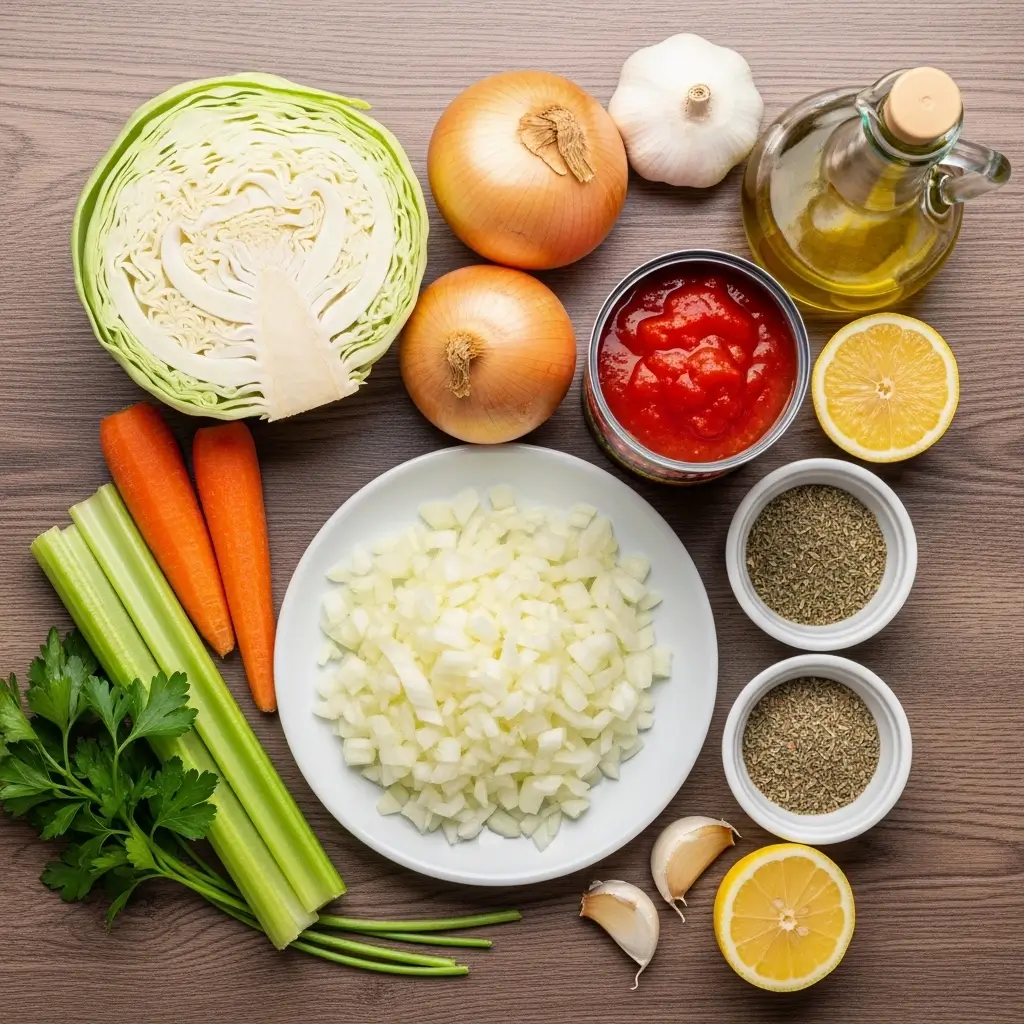 Ingredients for Hearty Vegetable Cabbage Soup on a kitchen counter