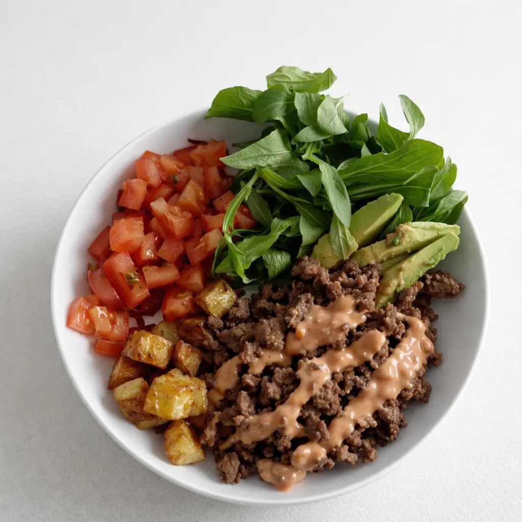 High-Protein Burger Bowl with beef, potatoes, and veggies
