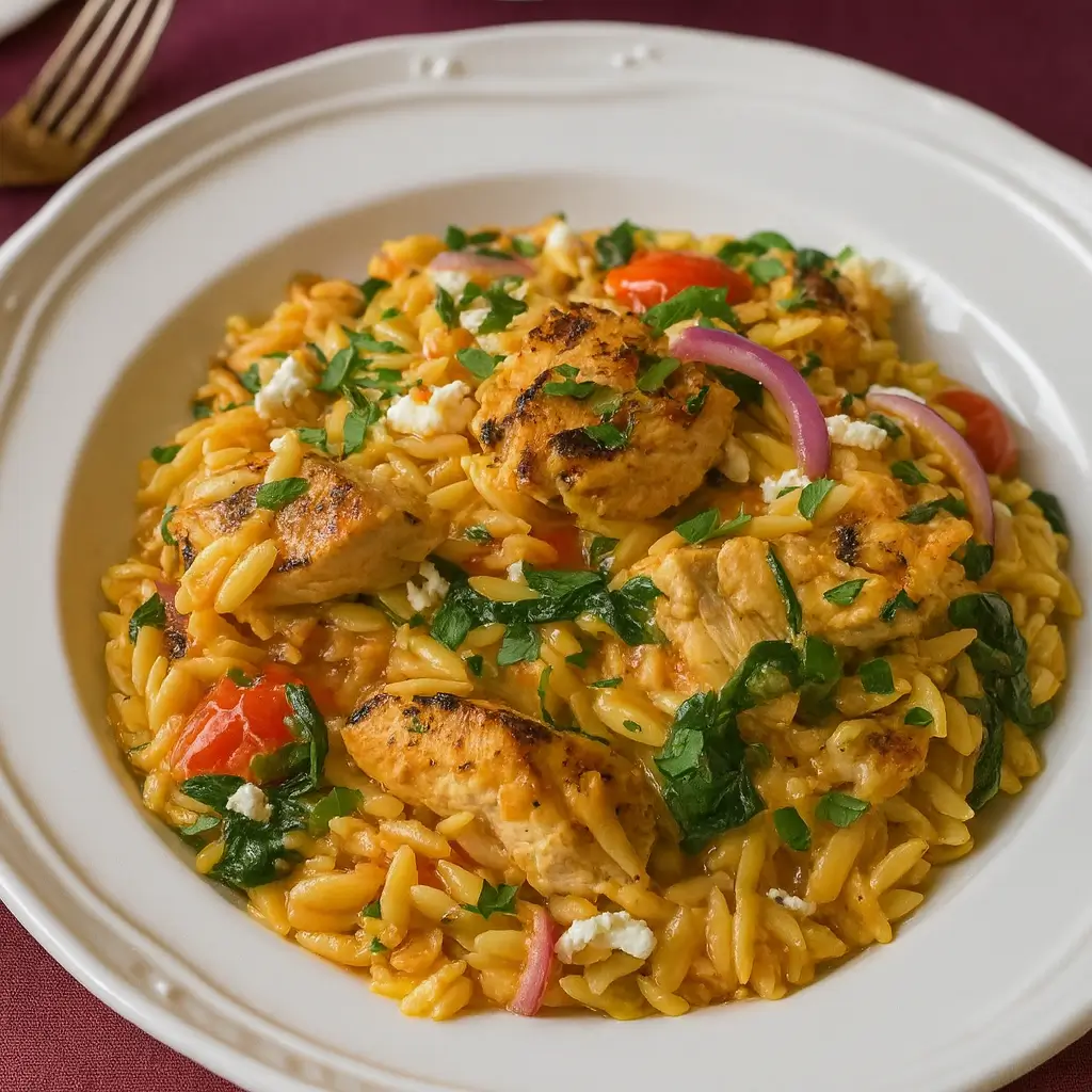 high protein chicken orzo in ceramic bowl
