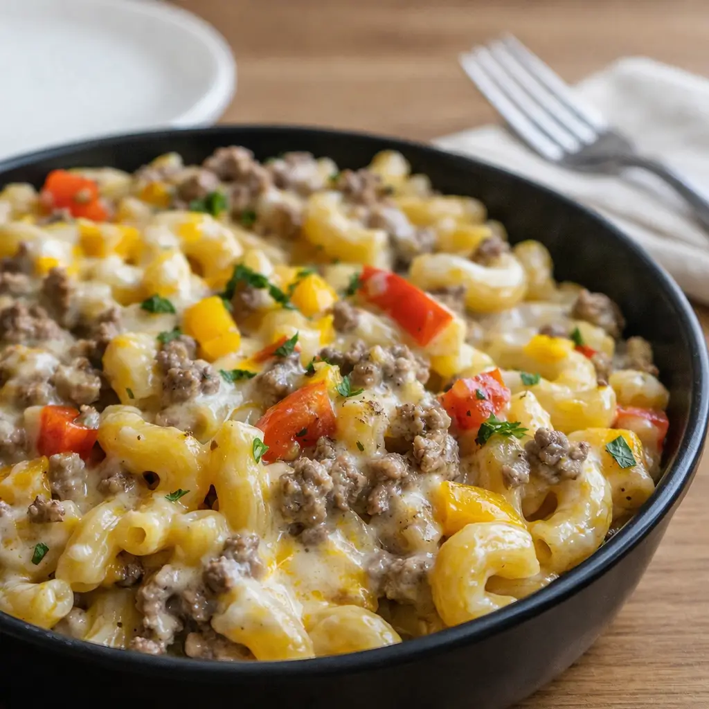 High-Protein Creamy Philly Cheesesteak Mac and Cheese in a bowl