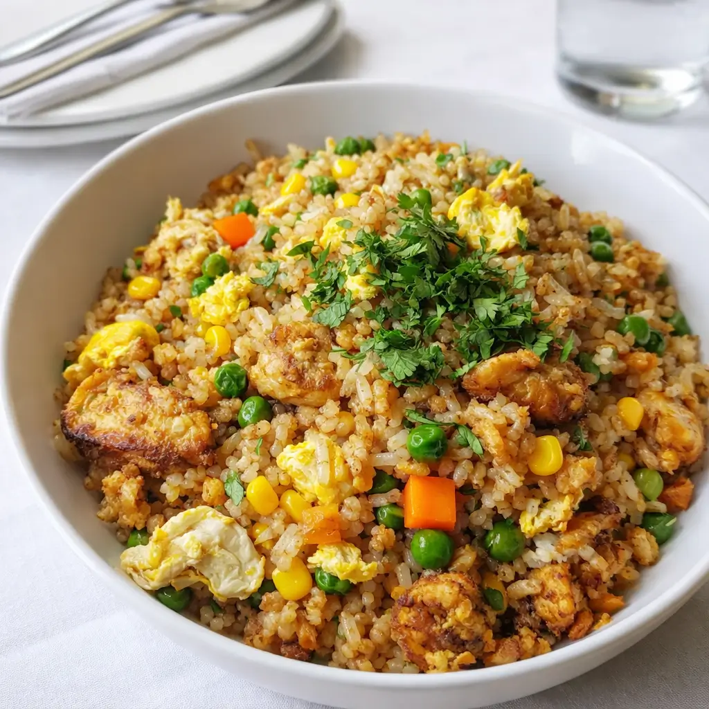 high protein crispy garlic chicken fried rice