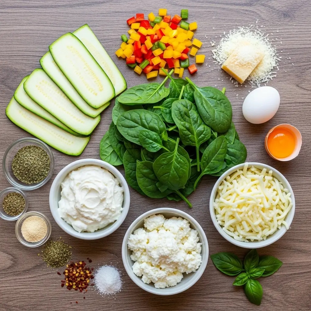 Ingredients for high protein veggie lasagna laid out