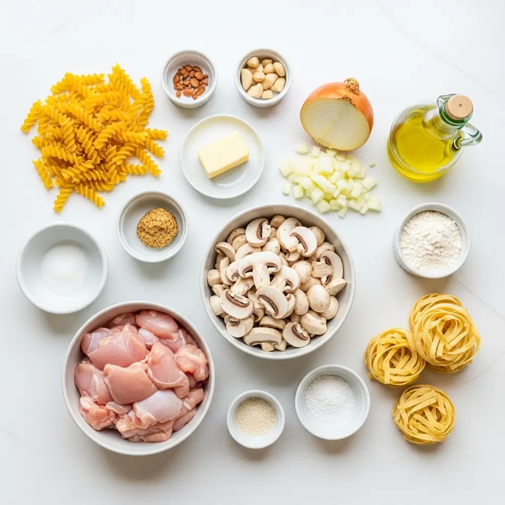 ingredients for homemade chicken stroganoff laid out on kitchen counter
