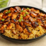 Honey BBQ Chicken Rice in skillet