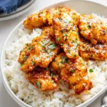 Honey Garlic Chicken served over rice with parsley and chili flakes