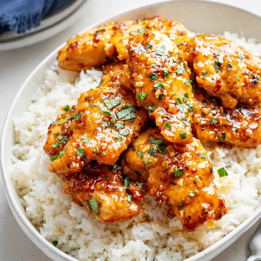 Honey Garlic Chicken served over rice with parsley and chili flakes