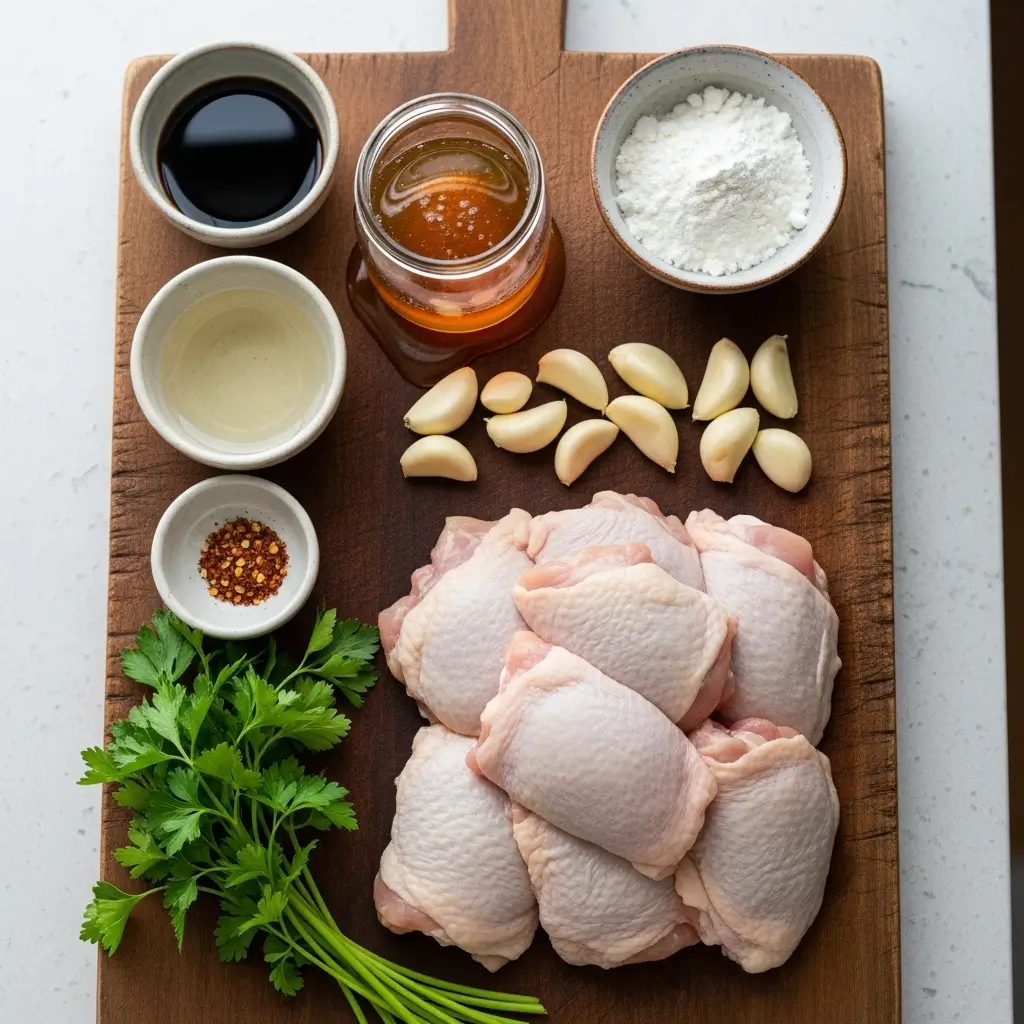 Ingredients for Honey Garlic Chicken recipe on wooden board