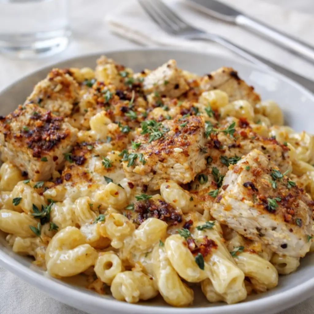 Honey Pepper Chicken Mac and Cheese in a bowl