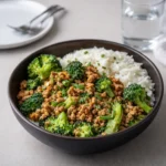 Honey Sriracha Ground Chicken and Broccoli served over rice