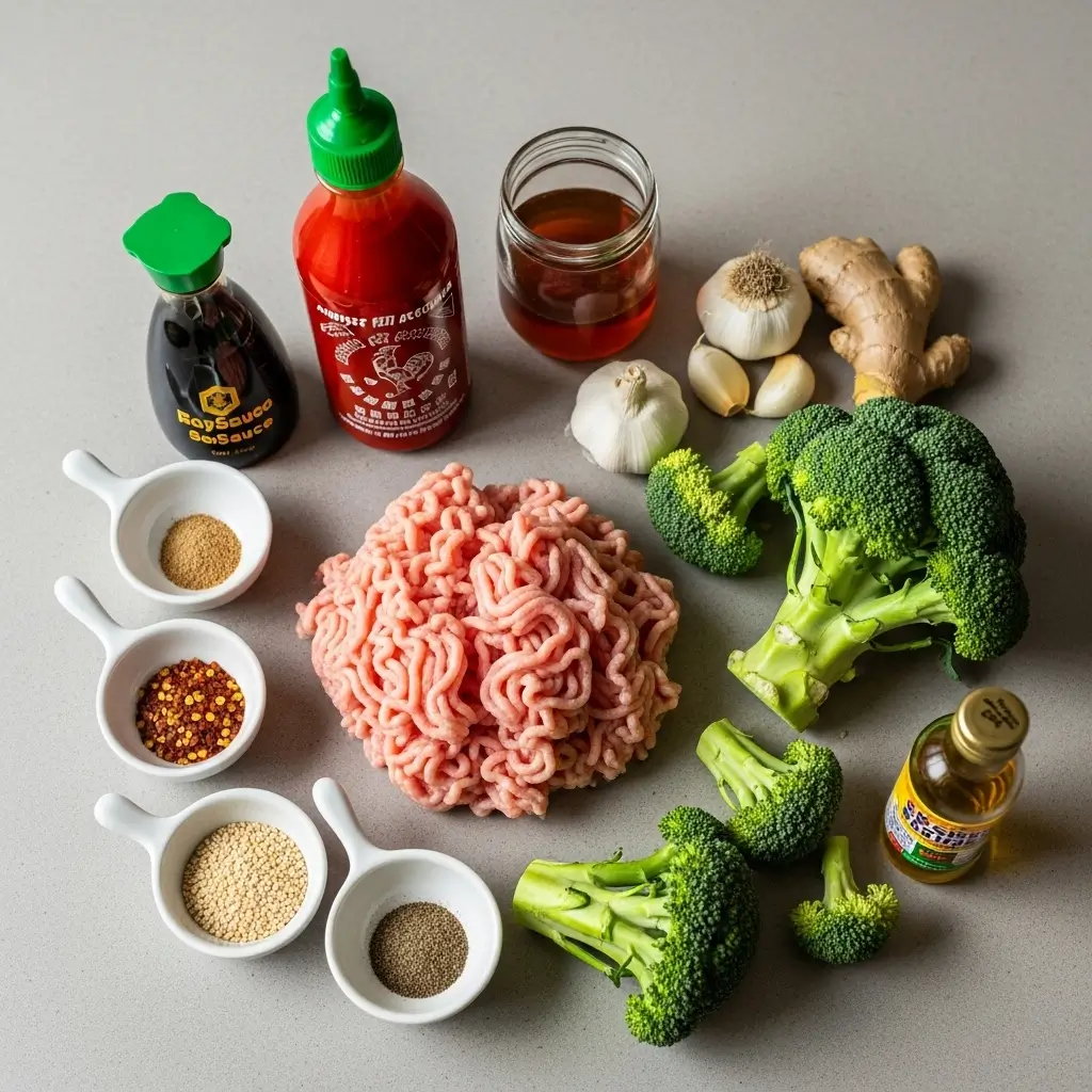 Ingredients for Honey Sriracha Ground Chicken and Broccoli