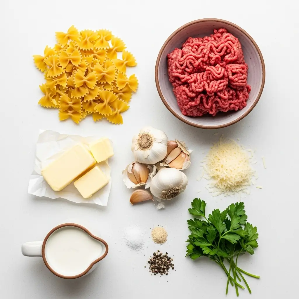 Ingredients for Creamy Parmesan Garlic Beef Bowtie Pasta