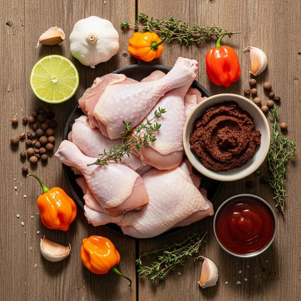 Jamaican jerk chicken ingredients flat lay