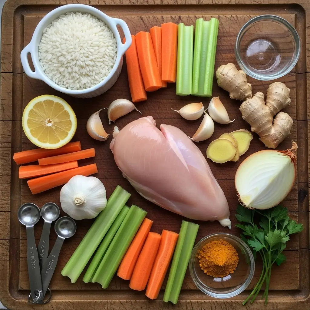 Ingredients for Easy Lemon Ginger Turmeric Chicken and Rice Soup
