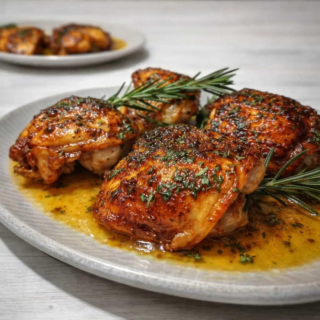 Lemon Paprika Roast Chicken Thighs freshly roasted on tray
