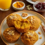 low-calorie high-protein pumpkin muffins on a wooden table