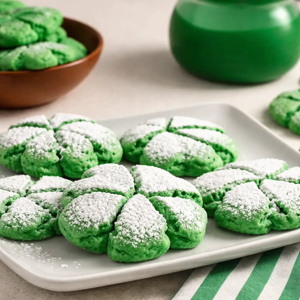 Lucky Green St. Patrick’s Day Cookies stacked on a table