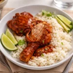 Mexican Chicken Adobo with rice and tortillas