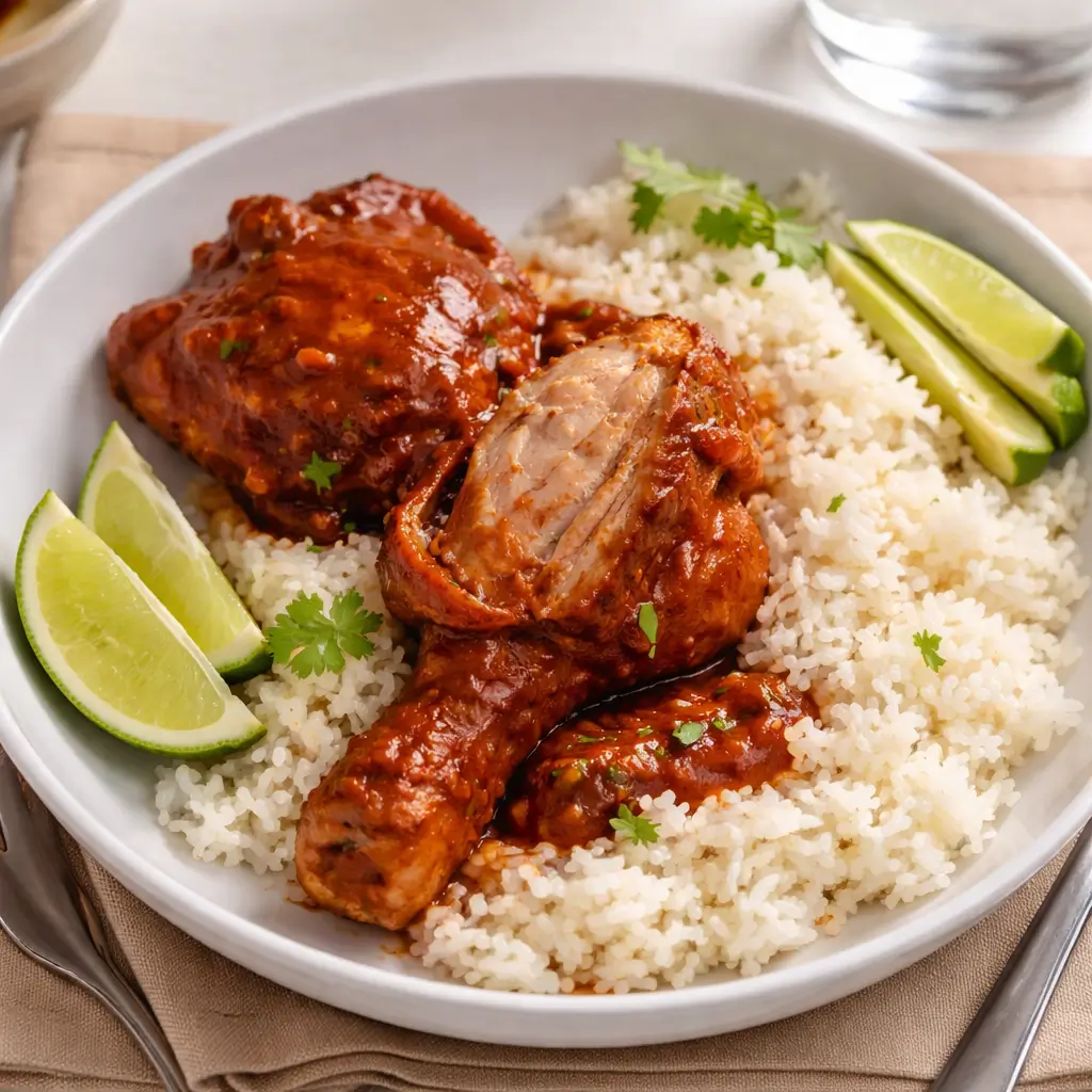 Mexican Chicken Adobo with rice and tortillas