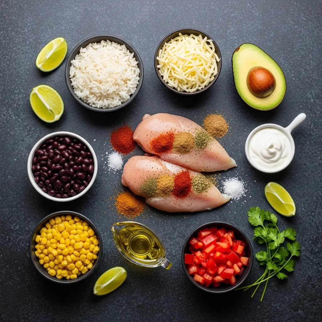 Ingredients for Mexican Chicken Burrito Bowl on kitchen counter
