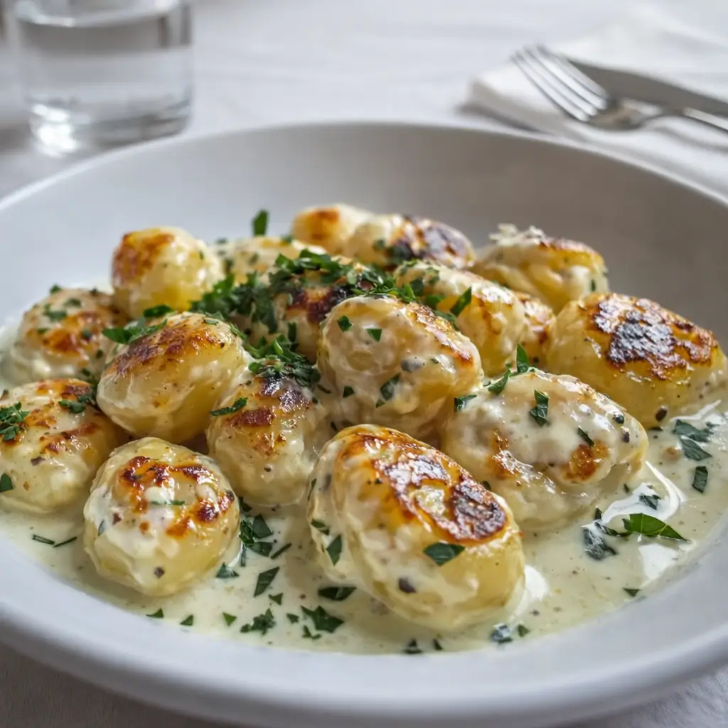 Millionaire Gnocchi with Creamy Sauce in a white bowl